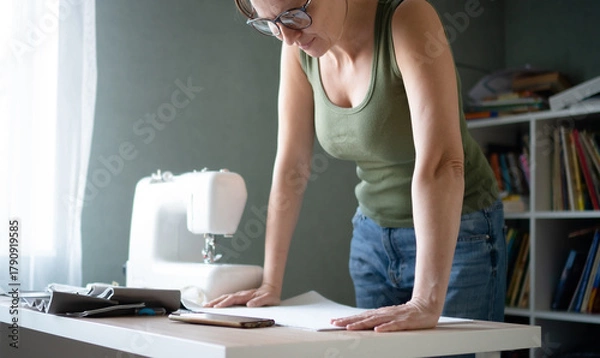 Obraz Woman seamstress leaning over her worktable, carefully inspecting the sewing pattern placed on the material in her workshop.