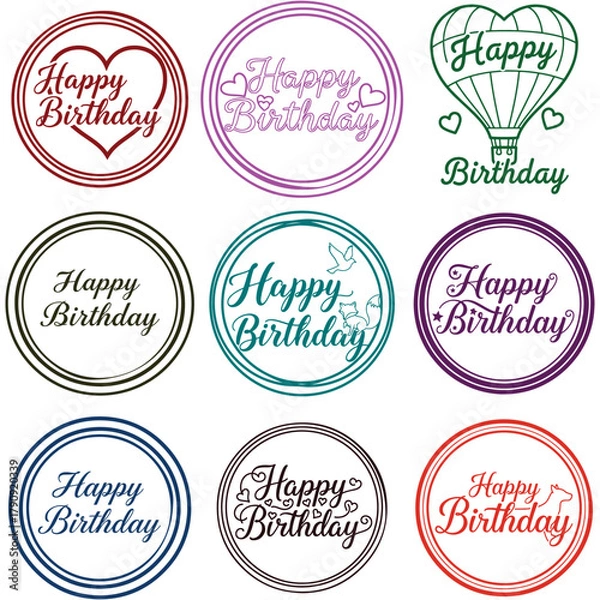 Fototapeta Happy Birthday Badge Collection, colorful round label set with typography and decorative elements, vector illustration for greeting cards invitations and celebration designs