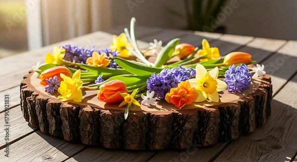 Fototapeta Close up of spring flowers arranged on a wooden platter on a wooden table in bright sunlight ai generated