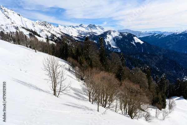 Fototapeta Winter landscape with clean air and beautiful views of the mountain peaks and valley.