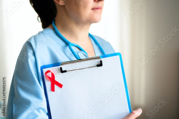 Obraz Kind female doctor with stethoscope around neck and red awareness ribbon on uniform, smiling warmly for HIV patient support and care.