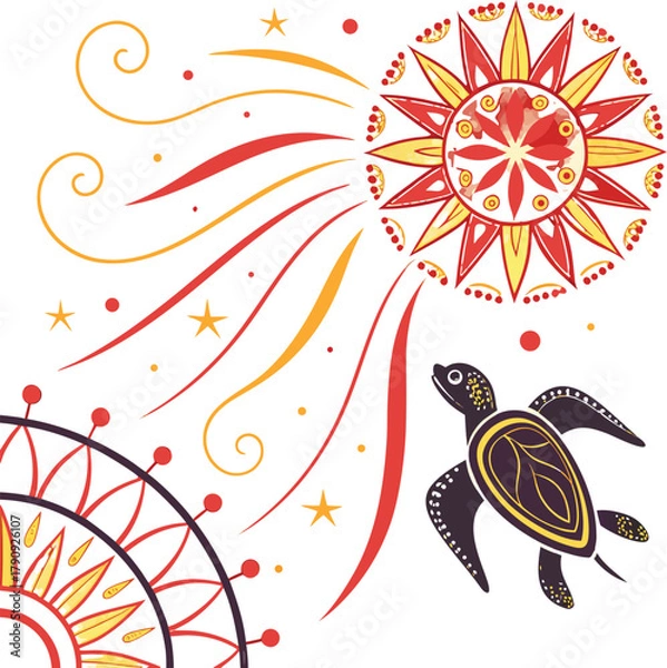 Obraz Whimsical sea turtle swims among stars and sunbursts, a vibrant ocean dreamscape perfect for playful designs and vibrant summer themes, radiating joy