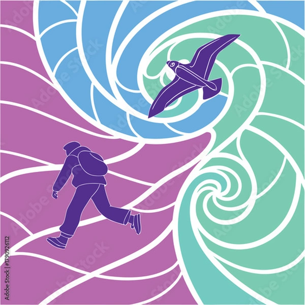 Obraz Dynamic stained glass design featuring a traveler and soaring bird against vibrant swirling colors, perfect for travel or artistic projects and designs
