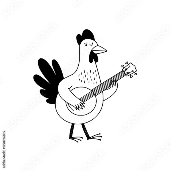 Fototapeta A whimsical line drawing of a chicken playing a banjo with a cheerful expression on its face design