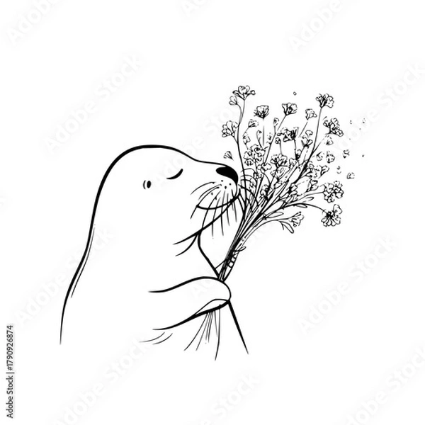 Fototapeta A serene seal enjoys the delicate fragrance of a bouquet of flowers in a minimalist line drawing style