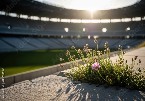 Fototapeta Wildflowers bloom in the foreground of a large, empty stadium at sunset, with the sun casting a warm glow over the scene