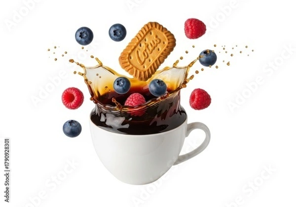 Fototapeta A lotus biscuit splashing into a cup of coffee with fresh blueberries and raspberries, isolated on white background
