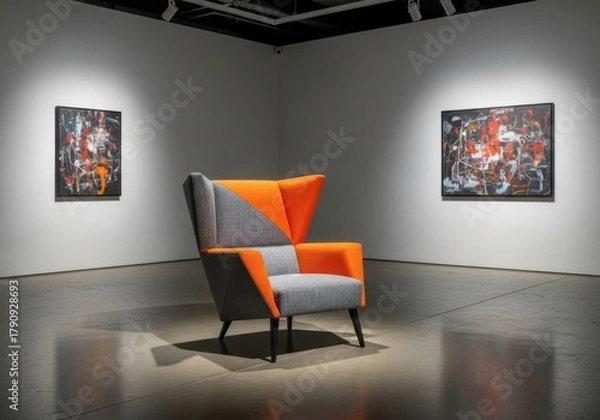 Obraz Modern armchair with abstract paintings on display in a contemporary art gallery exhibition
