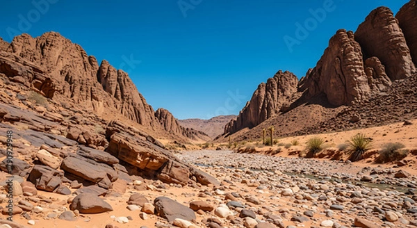 Fototapeta Arid canyon landscape with sandstone cliffs and rocky riverbed under a clear blue sky day view ai generated