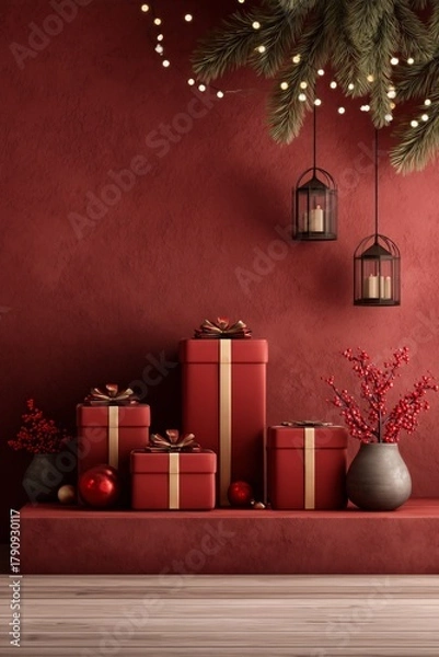 Obraz Festive Display of Wrapped Gifts on Red Stage Surrounded by Decorated Pine Trees During Winter Season