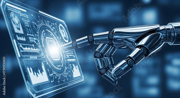Fototapeta Robotic hand interacting with a digital interface displaying data and futuristic elements in blue tones ai generated