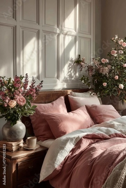 Obraz Cozy Bedroom With Soft Pink Decor and Natural Light in a Serene Setting