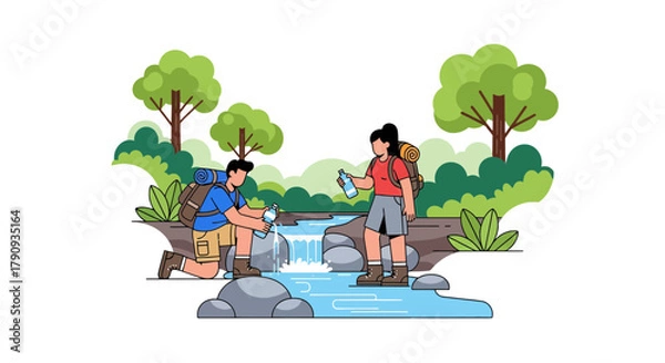 Fototapeta Two People Refreshing Water at a Stream While Backpacking Through the Wilderness