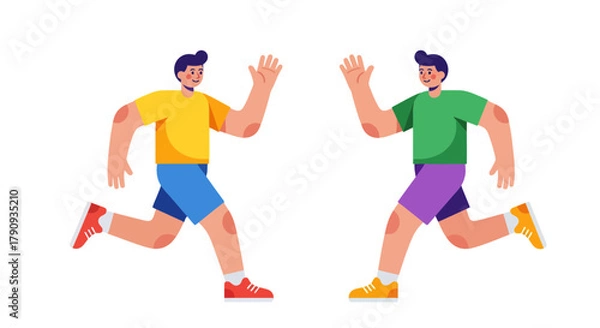 Fototapeta Two Running Avatars High-Fiving Against a Black Background Depicting Teamwork and Friendship
