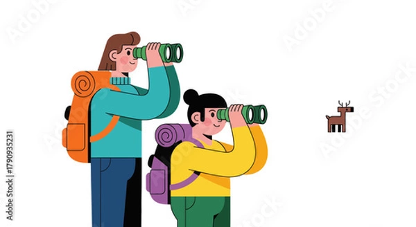 Fototapeta Two Travelers Observant the Wildlife, Engaging on a Journey Outdoors and Exploring