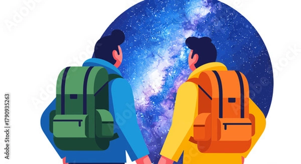 Fototapeta Two Travelers Observing Cosmic Wonders with Backpacks Admiring The Galactic Spectacle