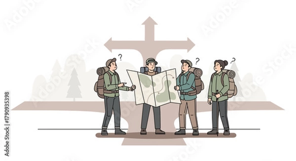 Fototapeta Uncertain Explorers Contemplate Route, Destination And Charted Pathway For Adventure