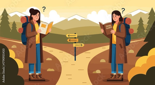 Fototapeta Uncertain Hiker Seeking Guidance at Trail Junction, Pondering Direction and Path