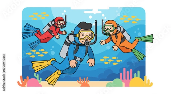 Fototapeta Underwater Adventure With Scuba Divers Exploring The Aquatic World, Cartoon Illustration