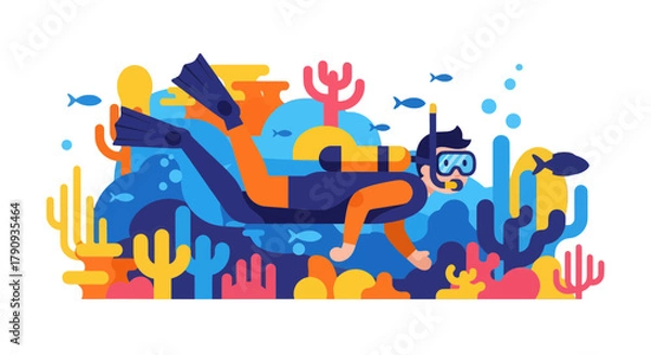 Obraz Vibrant Diver Exploring Colourful Coral Reef in Bold, Geometric, and Abstract Illustration