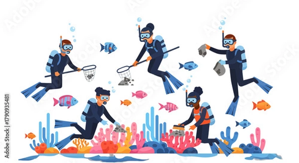 Fototapeta Underwater Cleanup Crew: Diving to Restore Coral Reef Ecosystems and Marine Life