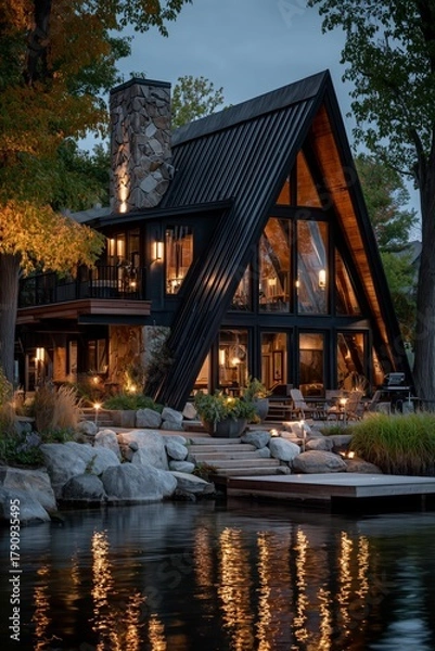 Fototapeta Charming Lakeside Cabin With Modern Design and Cozy Atmosphere at Twilight