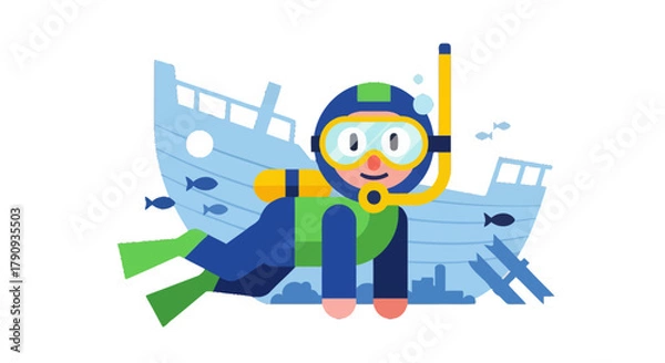 Fototapeta Underwater Diver Beside A Wreckage Searching For Hidden Treasures In The Deep Ocean