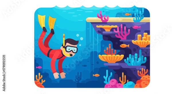 Fototapeta Underwater Diver Enjoys Exploring The Vibrant Coral Reefs In The Azure Ocean