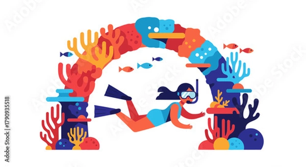 Obraz Vibrant Diver Exploring Undersea Realm Within Colorful Coral Arrangement Illustration