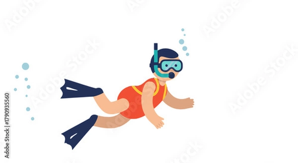 Fototapeta Underwater Diver Swimming in Dark Water with Snorkel and Fins for Scuba Diving Action