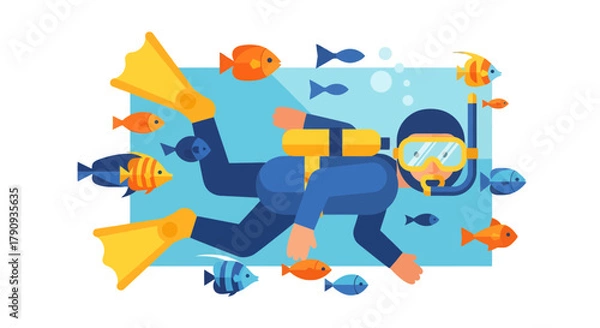 Fototapeta Underwater Diver With Aquatic Fauna Illustration, Exploring Ocean Life, And Fins On