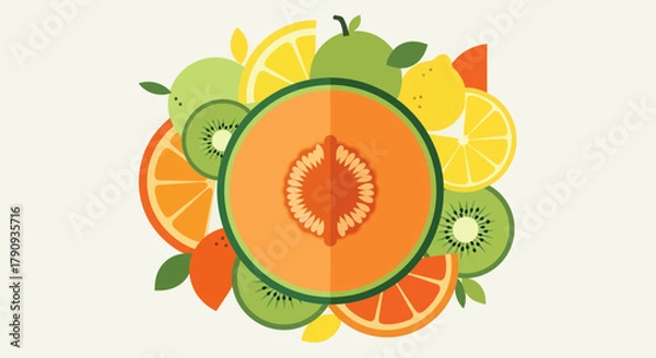 Obraz Vibrant Fruit Medley Of Citrus, Kiwi and Melon, A Colorful Freshness Design Illustration