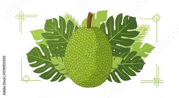 Obraz Vibrant Green Jackfruit Surrounded By Monstera Leaves Against A Clean White Backdrop