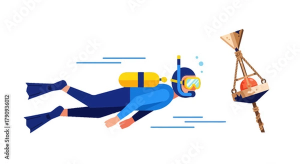 Fototapeta Underwater Exploration: A Scuba Diver Navigating By A Floating Marker Vector Illustration