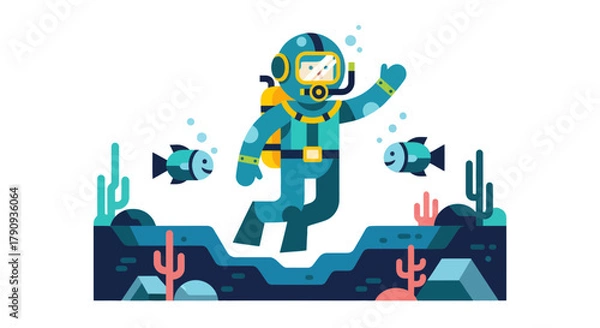 Fototapeta Underwater Exploration: A Stylish Diver Enjoying The Ocean Depths And Friendly Fish