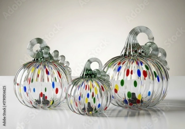 Fototapeta Three colorful blown glass pumpkins with clear stems and handles on a white background