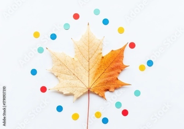 Obraz A single maple leaf with two distinct colorations, yellow and orange, surrounded by colorful confetti on a white background