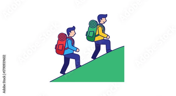 Fototapeta Two Figures on a Green Hillside Hiking Towards a Hidden Destination Reaching Success