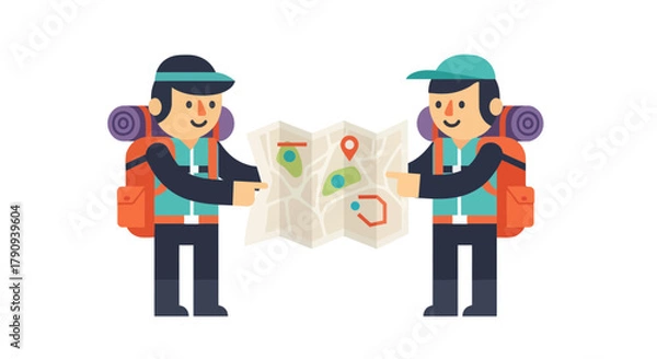 Fototapeta Two Figures on a Black Background Study a Colorful Illustrated Map Vector