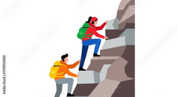 Fototapeta Two Figures Scaling a Rocky Ascent, Achieving New Heights, and Finding Success Together