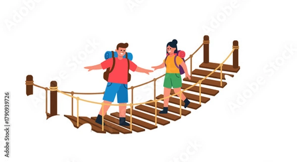 Fototapeta Two Figures Traverse A Suspension Bridge As They Explore The Trail For New Discoveries