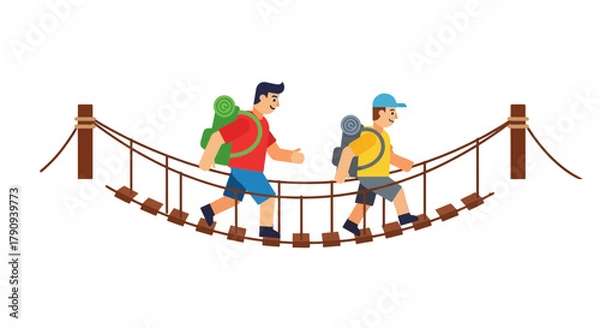 Fototapeta Two Figures Traverse Suspended Bridge, Embarking on Adventurous Journey in Uncharted Territory