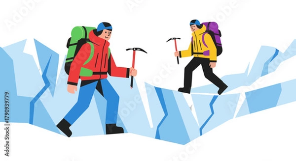 Fototapeta Two Figures Traverse Icy Terrain, Displaying Outdoor Adventure and Courageous Exploration