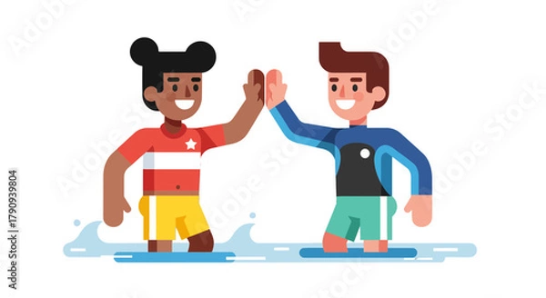 Fototapeta Two Friends Celebrating Together With High Five While Enjoying Summer Fun Activities