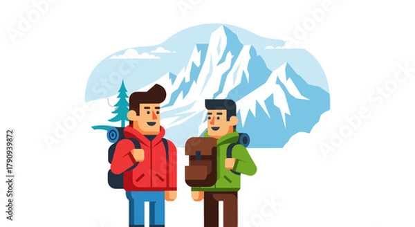 Fototapeta Two Friends Enjoying A Backcountry Hike, Appreciating Majestic Mountain Views