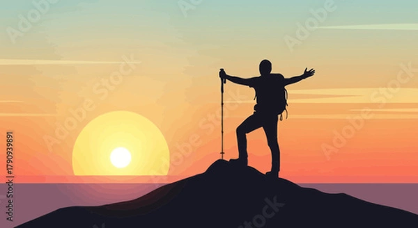 Obraz Triumphant Hiker On Summit Reaches Arms Toward Vibrant Sunset On Majestic Vista