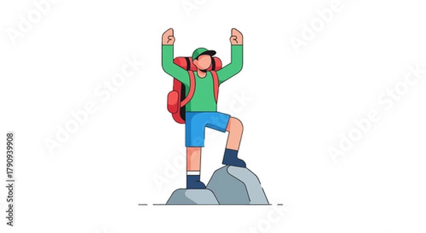 Fototapeta Triumphant Hiker On Summit Reaching Success Represented In A Clean Minimalist Illustration