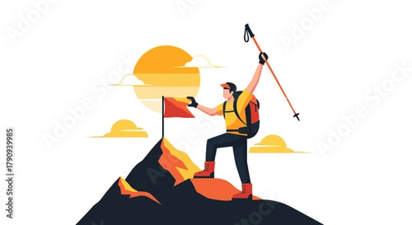 Obraz Triumphant Hiker On Summit Reaching Success While Climbing Mountain Under The Sunset