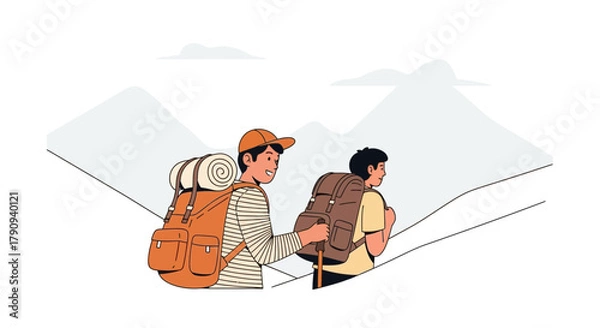 Fototapeta Two Friends Enjoying Hiking Adventure Together On a Sunny Day Up In the Mountains