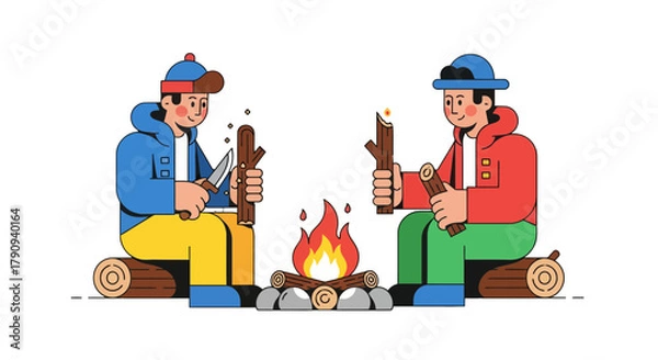 Fototapeta Two Friends Enjoying Time Around A Campfire Preparing Wood For A Warm Blaze